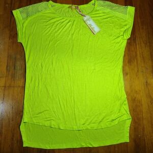 Melao Women's Neon Lime Green Mesh Shoulder Tunic Top Size L party rave 90's